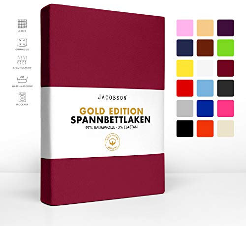 Jacobson Premium Spannbettlaken 200 g/m² Jersey Baumwolle mit Elasthan (180x200-200x200 cm, Bordeaux)