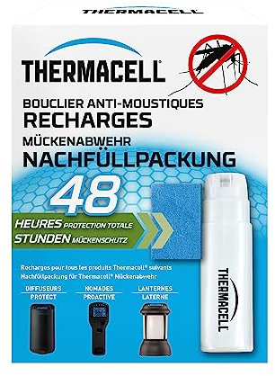THERMACELL Recharge Anti Moustiques et Moustiques Tigres - Protection Efficace 20m²- Compatible avec Diffuseurs, Nomades et Lanternes - Durée 48h - 4 Cartouches Gaz + 12 plaquettes