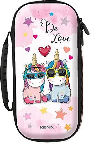 Konix Unik Schutz- und Transporttasche für Nintendo Switch, Switch Lite und Switch OLED Konsolen - Platz für 8 Spiele - Motiv Be Love, Einhörner