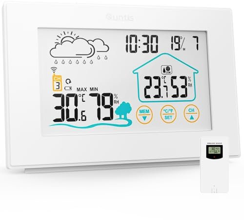 Quntis Station Météo,5”LED Capteur Large Thermomètre Hygromètre Numériques,Alarme Horloge Météo,Thermomètre Hygromètre sans Fil Intérieur Extérieur avec Fonction Snooze Affichage Heure Date Jour-Blanc