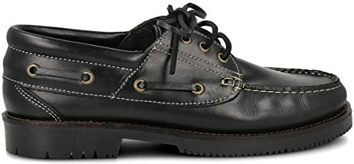 PAYMA - Herren Damen Kinder Bootsschuhe Segelschuhe Mokassins aus Seahorse Geölt Leder 3 Eye Classic Docksides. Gummisohle. Schnürsenkel.Farben: Schwarz. Größe EU 43