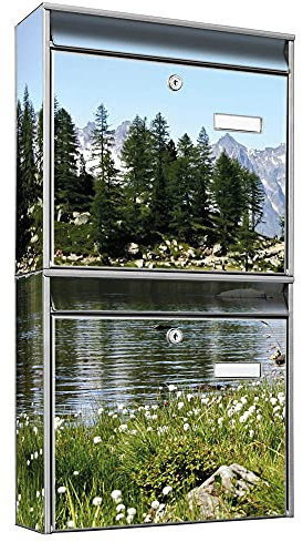 banjado® Briefkastenanlage 2 Fach 36x64x10cm mit Motiv/Briefkasten groß mit Namensschild/Postkasten A4 Einwurf inkl. Montagematerial & je 2 Schlüsseln/Briefkasten ohne Zeitungsfach
