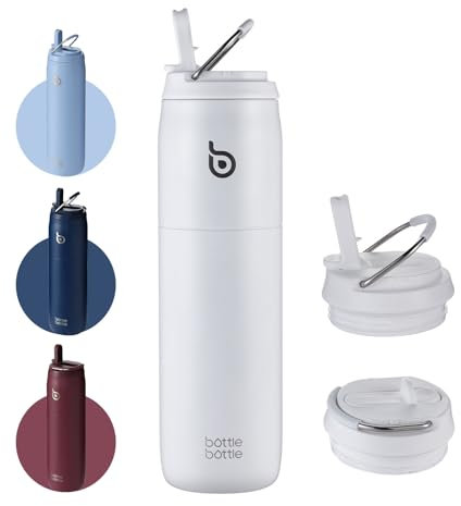 BOTTLE BOTTLE Botella de agua de acero inoxidable con popote y tapa, 32 onzas, aislada al vacío, se mantiene fría durante 24 horas, caliente durante 12 horas, a prueba de fugas, botella de agua