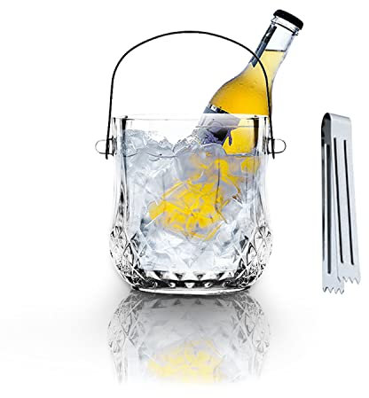 ABHOME Seau à glace en verre avec poignée en acier inoxydable et pince pour bar, fête, cocktail, barbecue dans le jardin, pique-nique, camping – Seau à vin/champagne en verre, transparent (type 1)