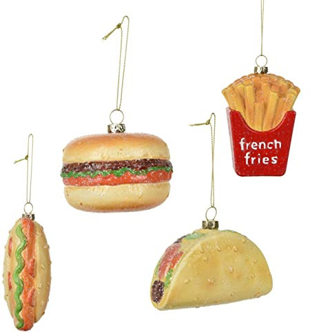 Spetebo Christbaumschmuck 4er Set groß - Fast Food - Hamburger Hot Dog Taco Pommes - Weihnachtsbaum Christbaum Schmuck Deko Kugeln originell witzig