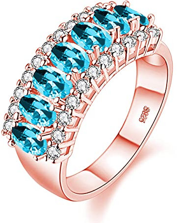Uloveido J501 - Fede nuziale da donna placcata in oro rosa con 7 pietre di zirconia cubica blu taglio ovale, imitazione acquamarina, R1/2(59.5mm), Cristallo, Zirconia cubica