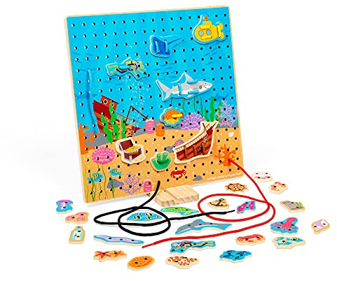 Bigjigs Toys Marine Lace-a-Shape Game - 30 Geometric Shape Lacing Cards & 6 Laces, Fine Motor Skills Toys, Threading Toys for 2+ Year Olds, Ideal Early Learning & Threading Toddler Toy