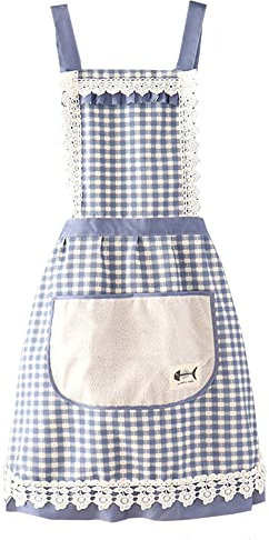 Spitze Schürze Retro Apron Cotton Küchenschürze Baumwolle Latzschürze Kochschürze Grillschürze für Köche Bedienungen blau