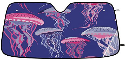 Quallen Muster Auto Windschutzscheibe Sonnenschutz Faltbare Blöcke UV-Strahlen Halten Sie Ihr Fahrzeug kühl Ozean Quallen Frontscheibe Sonnenschutz Visier Schatten Schatten für Auto SUV 55 x 27,5 Zoll