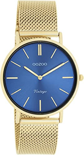 Oozoo Vintage Damen Uhr in Gold/Blau - Armbanduhr Damen mit 20mm Milanaise-Metallband - Analog Damenuhr in rund - C20290