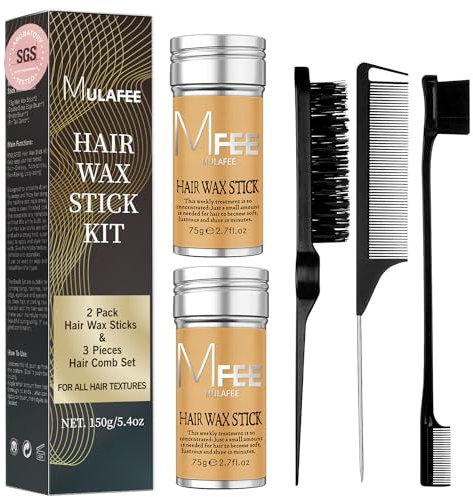 MULAFEE 5pcs Hair Wax Stick with Hair Comb Set, Wax Stick for Smooth Hair Wigs, Non-Greasy Styling Wax for Fly-Away and Edge Frizz, Slick Brush Set