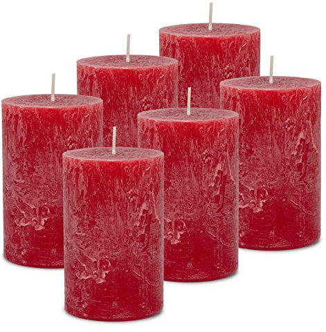 DecoLite: 6 x Rustik Stumpenkerzen 110/70 mm Safe Candle Selbstverlöschend. Brenndauer ca. 51 Stunden - 100% made in Germany von Wenzel Kerzen - RAL Zertifiziert (rot)