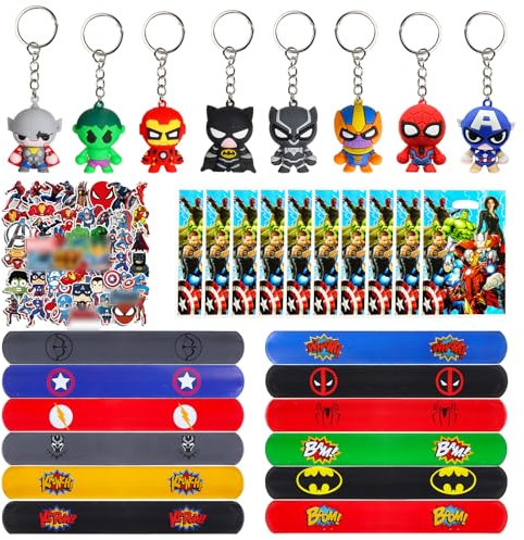 GUBOOM 80Pcs Super-héros Anniversaire Fête Faveurs, 8 Porte-clés, 10 Sac Cadeaux, 12 Slap Bracelets à Claquer, 50 Autocollants, Cadeau Anniversaire Super Hero