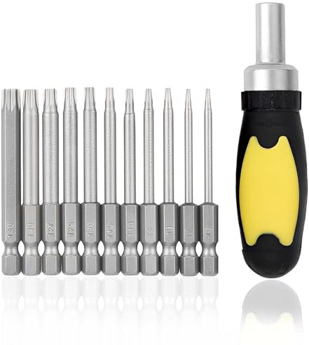 SuQurtom 12Pcs Torx Head Screwdriver Bit Sets, 75mm 1/4 Inch Hex Shank T6-T40 S2 Steel Screwdriver, Magnetic Star Torx Security Screwdriver Bits Set with 1 Pack of Handles