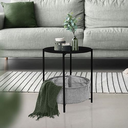 ML-Design Beistelltisch rund Ø46xH51 cm Schwarz, aus Metall, Couchtisch mit Stoffkorb & abnehmbarer Tablett, Sofatisch mit Korb als Stauraum, Modernes Design, Kleiner Tisch, Wohnzimmertisch Nachttisch
