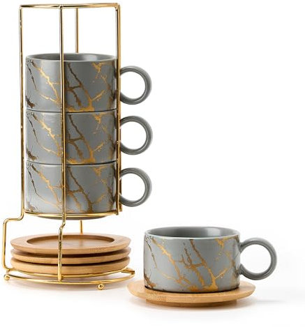 LUKA 6 Ounce Porcelain Stackable Espresso Cups with Saucers and Metal Stand Set of 4, Ceramic Cappuccino Cups Set for Specialty Coffee Drinks, Latte, Cafe Mocha and Tea, Gray