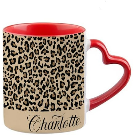 Personalised Cheetah Print Mug Custom Name, Leopard Print, Animal Print, Heart Handle Coffee, Tea Mug. (Red)