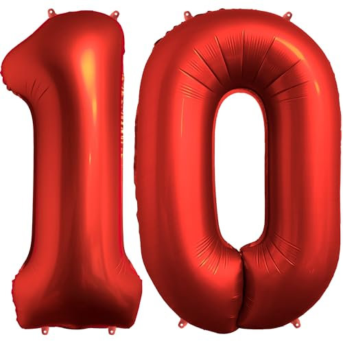 FUNFEST Ballon Anniversaire 10 Ans Rouge Chrome 100cm - Décoration Avec Ballon XL & Paille - Vole Avec de l'Hélium - Qualité Supérieure