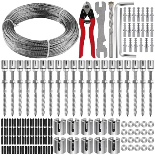 Kalolary Enrejado de Alambre de Jardín para Plantas Trepadoras, 30 M Kit de Enrejado Alambre Resistente Acero Inoxidable Kit Sistema de Enrejado de Cable de Abrazadera Cruzada para Plantas de Pared