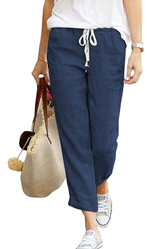 Hose Damen Leinen Sommerhose 7/8 Casual Leichte Baumwolle Leinenhose Stoffhose Bequeme Luftige Freizeithose Strandhose Mit Taschen (Navy Blau, M)