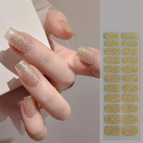 22pcs Gel Nail Stickers Self Adhesive Nail Wrap Strips Glitter Gold Full Cover Nail Stickers Women Girls Nail Art Accessories (UV Light Not Required)