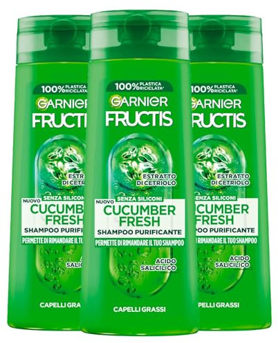 Garnier Fructis Cucumber Fresh reinigendes Shampoo für fettiges Haar mit Gurkenextrakt und Salicylsäure für langanhaltend sauberes Haar - 3 x 250 ml