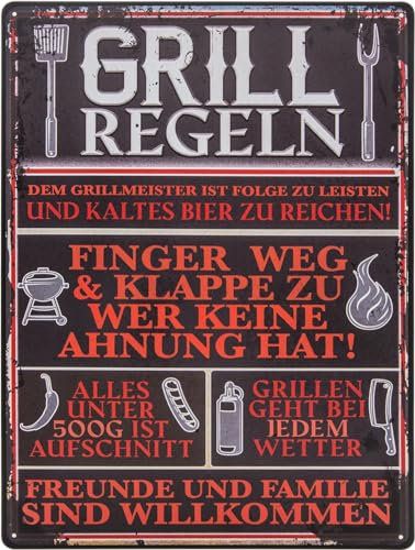 30 x 40 cm – XL Blechschild – Grill Regeln – Lustiger Spruch – Garten, Party, BBQ, Steak – Grillmeister Deko Schild