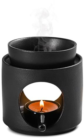 Keramische duftlampe teelicht räucherstövchen für ätherische Öle mit Teelichthalter, Duftwachs diffusor,Aromalampe,duftöl Lampe,H 11cm * B 10cm Abnehmbare Schale (Matt Schwarz)