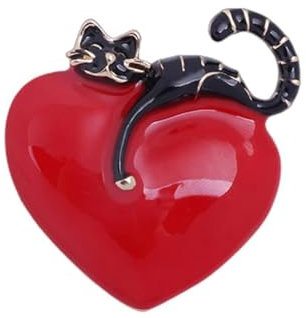 Broche Chat Mignon Sur Le Coeur Pour Femmes Filles Plaqué Or Émail Rouge Amour Coeur Chaton Animal Broches Épinglettes Robe Accessoires Anniversaire Noël Bijoux Cadeau (noir)