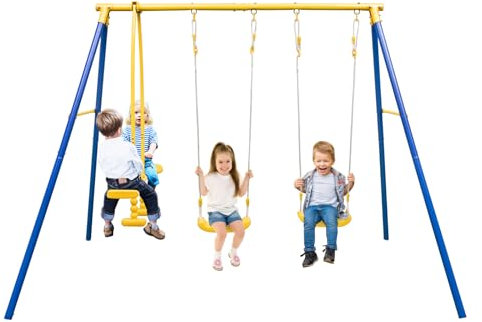 DREAMADE 2 IN 1 Schaukelgestell mit 2 Schaukeln und Wippe, Doppelschaukel Gartenschaukel Schaukelgerüst aus Metall, Outdoor Kinderschaukel mit Gestell für Kinder von 3 bis 12 Jahren