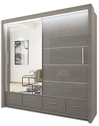 UK SLIDING WARDROBE Modern High Gloss 2&3 Mirror Sliding Doors Wardrobe With Adjustable Shelves, Hanging Rails with LED Light,Bedroom Furniture (GREY, 208cm)