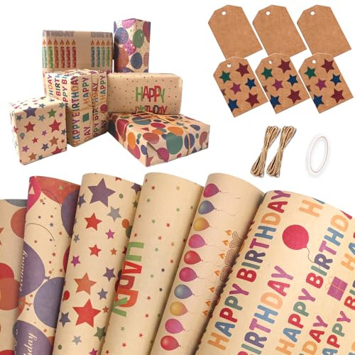 Niviy Papier Cadeau Anniversaire 70x50cm 6 Feuilles Papier Cadeau pour Hommes Filles Enfants Papier Cadeau Kraft Couleur avec Étiquettes, Ruban Adhésif Double Face et Ficelle