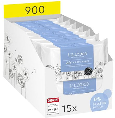 LILLYDOO Baby Feuchttücher mit 99% Wasser, 900 Stück (15 x 60), 100% plastikfreies Tuch, ohne Parfüme & mild wie Watte und Wasser