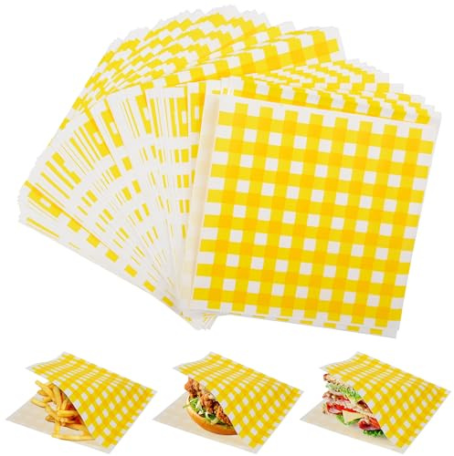 GXFCING 200 Pezzi di Sacchetti per Hamburger, 18 x 18 cm, Motivo a Griglia Gialla, Carta Alimentare Anti Grasso, Sacchetto di Carta per Panini, Hamburger, Snack, Fritte