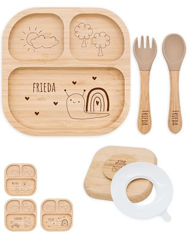 Bärenfreunde® - Personalisierter Baby Teller mit Saugnapf - Praktisches Beikost Zubehör mit Namen - Rutschfester Baby Teller - Personalisierte Geschenke (Schnecke Herzen)