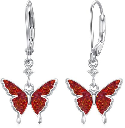 Schmetterling Ohrringe 925 Sterling Silber Opal Ohrringe Mädchen Schmetterling Opal Schmuck Tier Hängende Barren Ohrringe Anhänger Ohrringe Geschenk für Damen Frauen Tochter Ehefrau Mutter (Red)