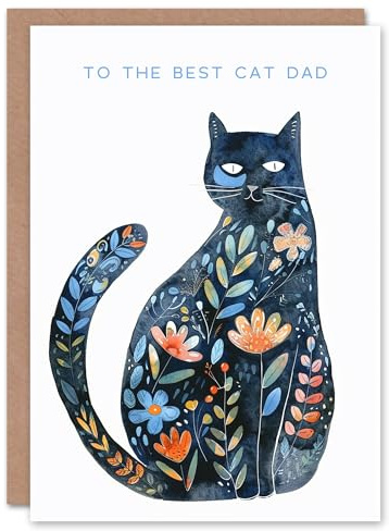 Artery8 Best Cat Dad Floral Pattern Fur Pet Folk Art For Him Man Birthday Card