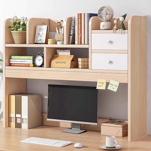 Libreria da scrivania in legno con cassetti per casa e ufficio, in legno di ciliegio, organizer multiuso a 3 ripiani (91,9 x 17 x 78 cm)