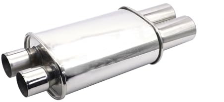Krtopo Auspuffschalldämpfer 2.5 (63MM) Dual Inlet/3 (73MM) Dual Outlet Silber Edelstahl Auto Schalldämpfer 11.8 Zoll (300MM) Ovale Körperlänge/20.9 Zoll (530MM) Gesamtlänge Auspuff Zurück Box