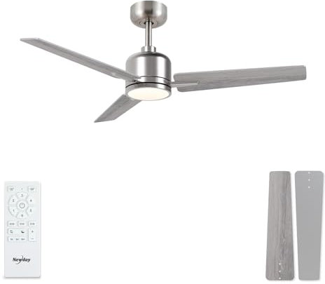 Newday Silver and Wooden Ceiling fan, 42” Quiet Remote Control Ceiling Fan with Light Dimmable, Reversible DC Motor, 6 Speeds, 3 Timer, Memory Function for Bedroom Living Room Basement Kitchen Terrace