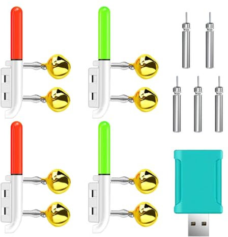 Golgner 4 Stück Angeln Alarm Glocke, Nachtlicht Knicklicht Angeln, Led Bissanzeiger Rutenspitze mit Schnalle, Mit Ladegerät Und 5 pcs Akku, für Nachtangeln, Meeresangeln, Rod Tip Lights