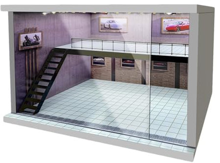 Dickly Garagenvitrine im Maßstab 1:64, 1/36, 1/32, LED-Parkplatz mit LED-Leuchten für Legierungsautos, Rosa Linke Treppe