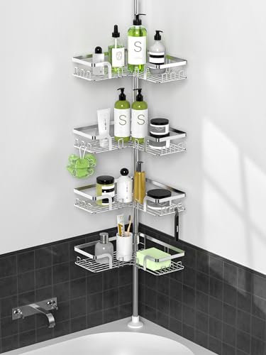 Kegii Telescopic Shower Caddy Corner - Silver Shower Shelf No Drilling Standing Shower Organiser Stainless Steel Bathroom Shelf with Hooks