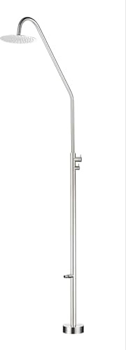 Mice - Doccia esterna in acciaio inox 316 per piscina e giardino, spruzzatore rotondo 25 cm, altezza 232 cm, con rubinetto per piedi colore acciaio spazzolato