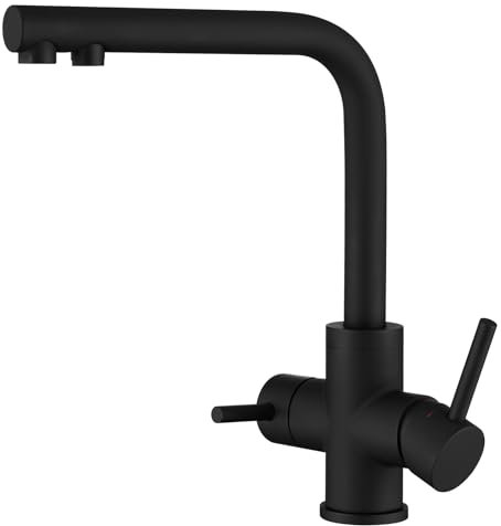 CREA 3 Wege Wasserhahn Küche Schwarz, 360° Drehbar Küchenarmatur, 3 in 1 Mischbatterie Küche für Wasserfilter Osmose, Trinkwasserhahn mit 2 Hebel, Drei Wege Armatur, Matt Schwarz