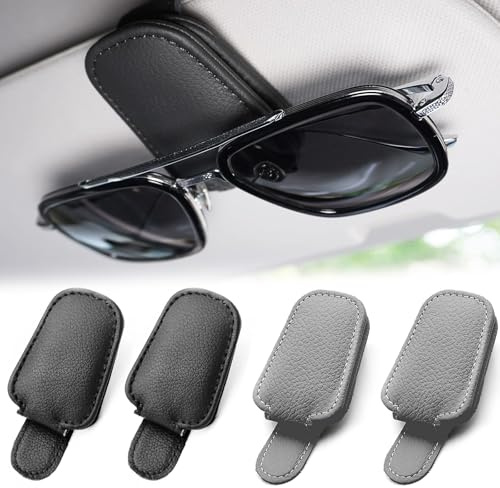 MOAZIFI 4er Pack Auto Brillenhalter für Sonnenblende - Magnetische Sonnenbrillenhalter Auto Zubehör mit Premium PU-Leder, Schwarz und Grau