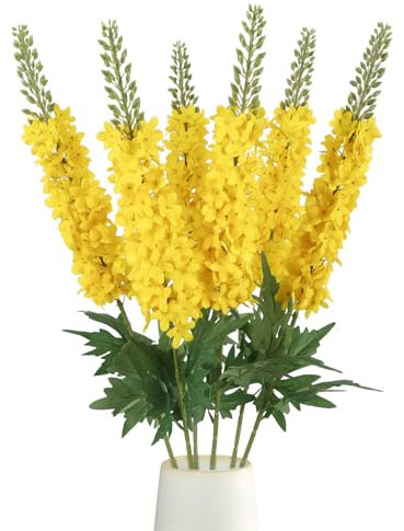 ICBOX Delphinium Artificial Flowers,6PCS Yellow Faux Flowers 29.5 Realistic Fake Larkspur Silk Flowers with Stems for Tall Vase Wedding Home Garden Decor (Yellow)
