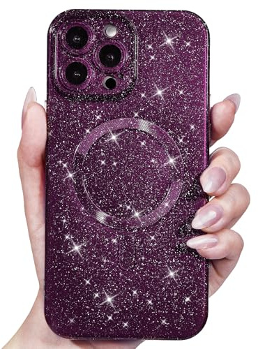 Svanove Glitter Case for iPhone 14 Pro Max Phone Case Magnetic Compatible with Magsafe, Sparkle Bling Shiny Sparkly Cute Girly Design, Trendy Aesthetic Hard Mag Cover for Women, Dark Purple
