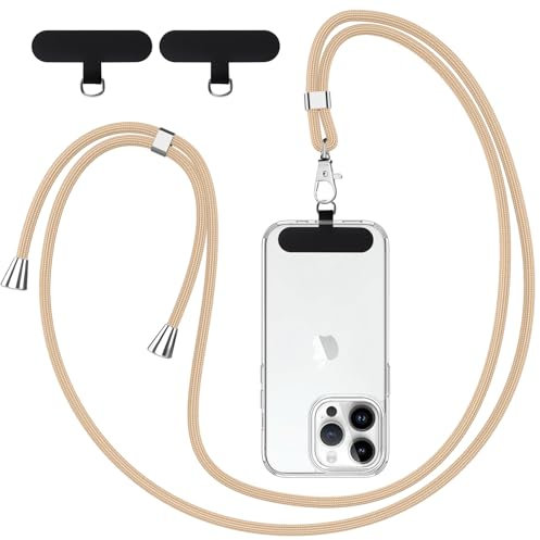 Knrlqim Cordon Telephone Portable Universelle avec 2 Patchs, Réglable Collier Lanière de Téléphone Portable 1,6m Adjustable, Compatibles avec Plupart des Smartphones, Doré