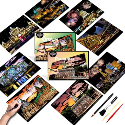 SiYear Ensemble de papier de peinture à gratter pour adultes, série de bâtiments emblématiques de la ville, scène de nuit, planche à gratter, cadeau créatif, artisanat de gravure sur feuille DIY avec